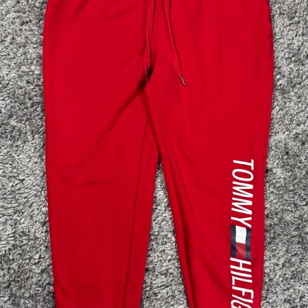 Red Tommy Hilfiger joggers with Spell out on Leg, Size Small